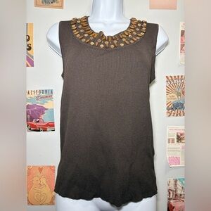 Jones New York Brown Tank Top with Beaded Neckline